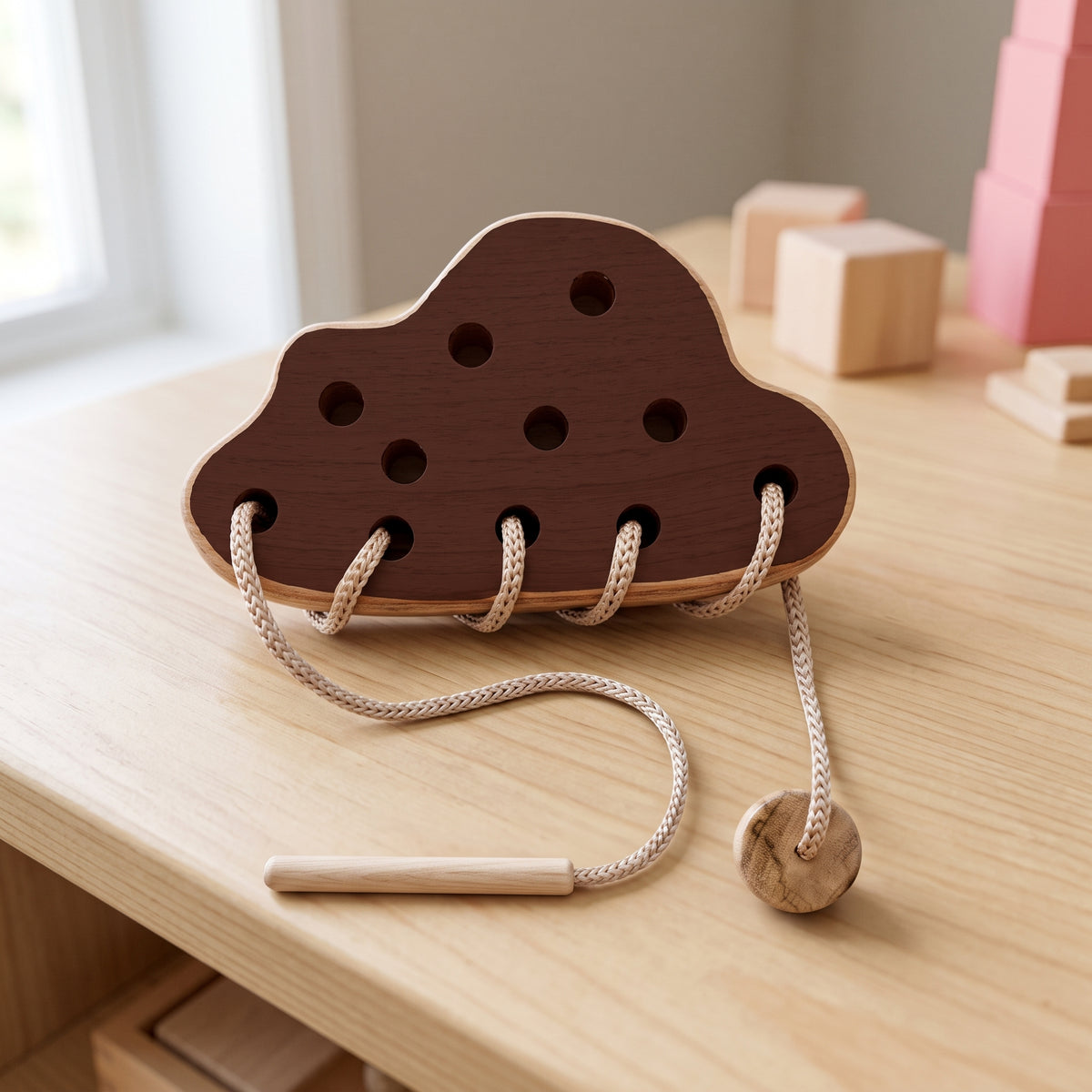 Montessori Wooden Lacing Toy - Cloud, Moon & Star Shapes for Fine Motor Skills