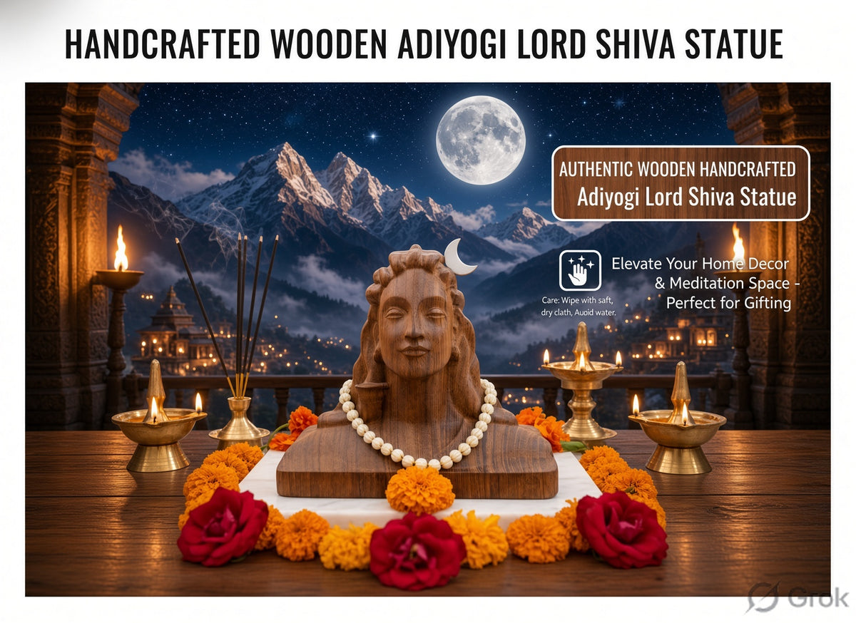 Wooden Adiyogi Shiva Decor Statue - Hand-Carved Burmese Teak