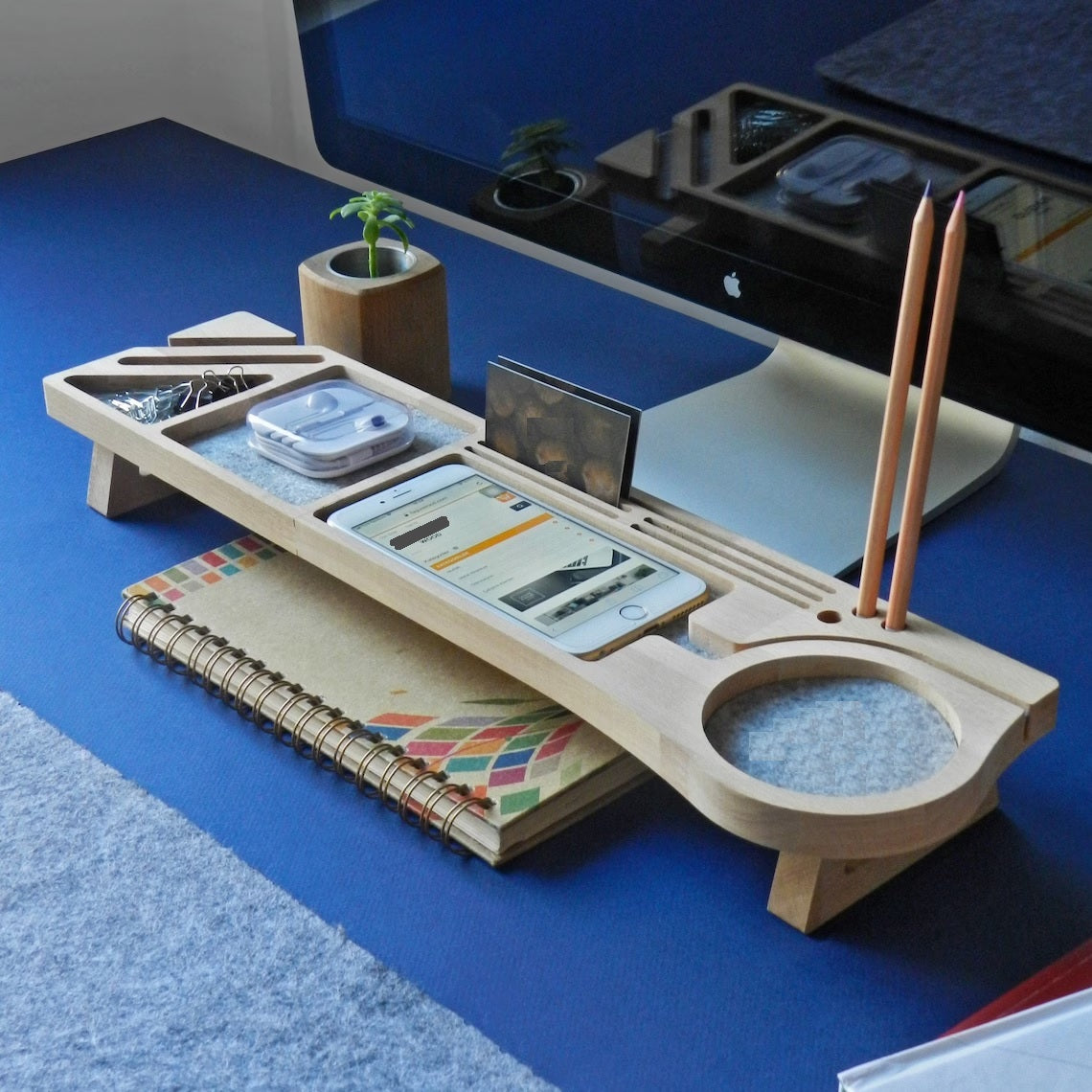 Wooden Desk Organiser Tray with Compartments - Design 2