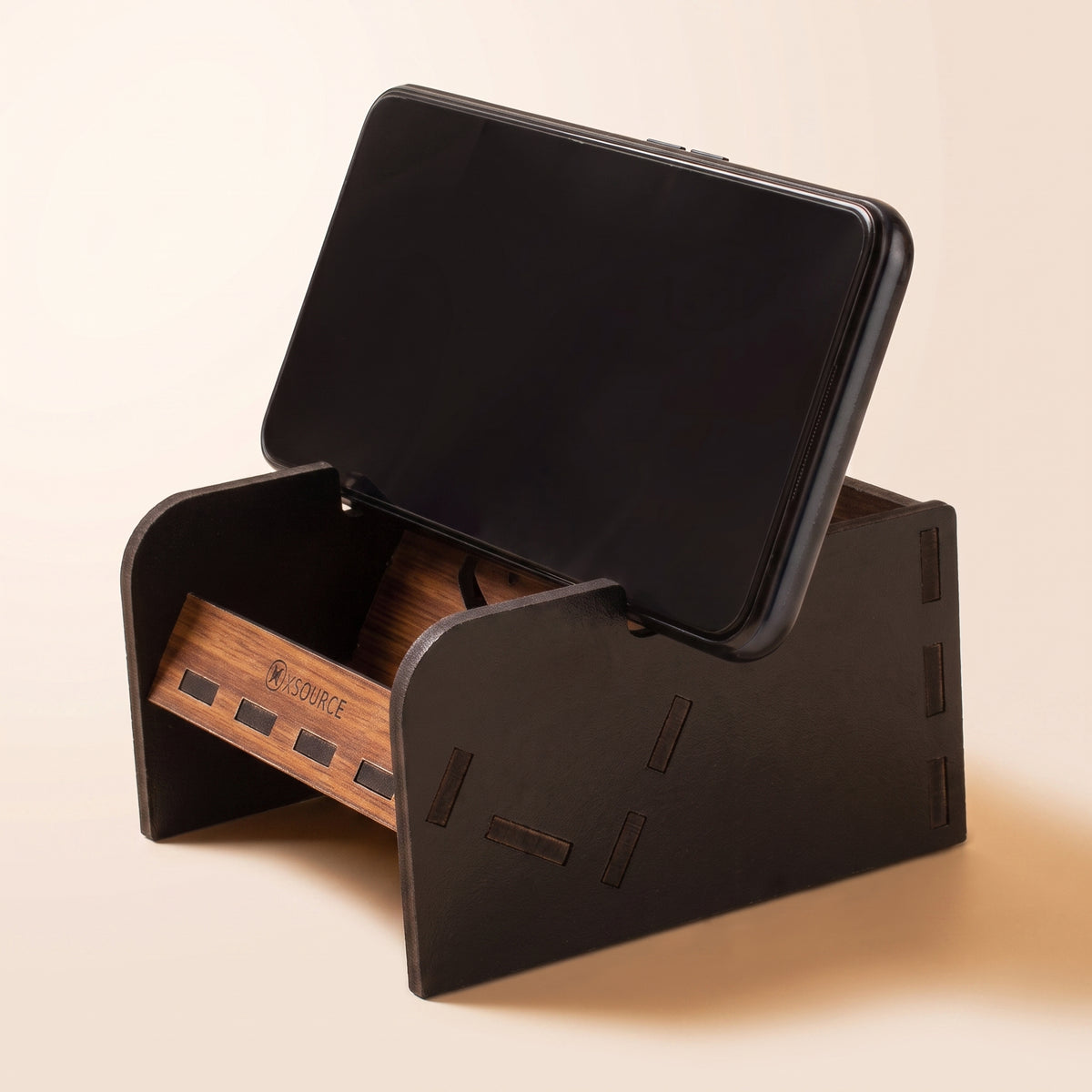 Square Wooden Mobile Phone Stand - Black, Compact Desk & Counter Stand