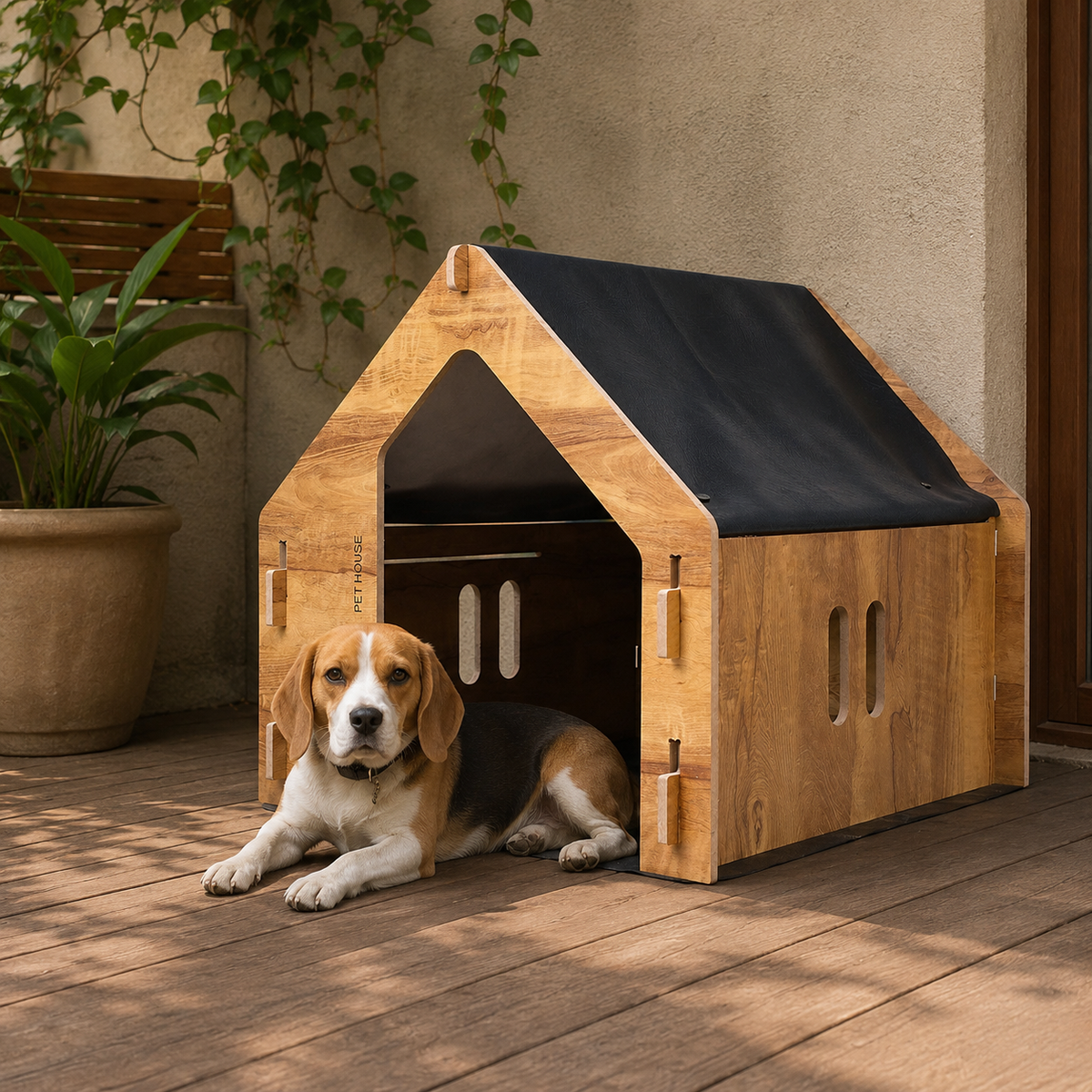 Wooden Pet House - Weather-Resistant Roof & Floor Mat, Big/Small