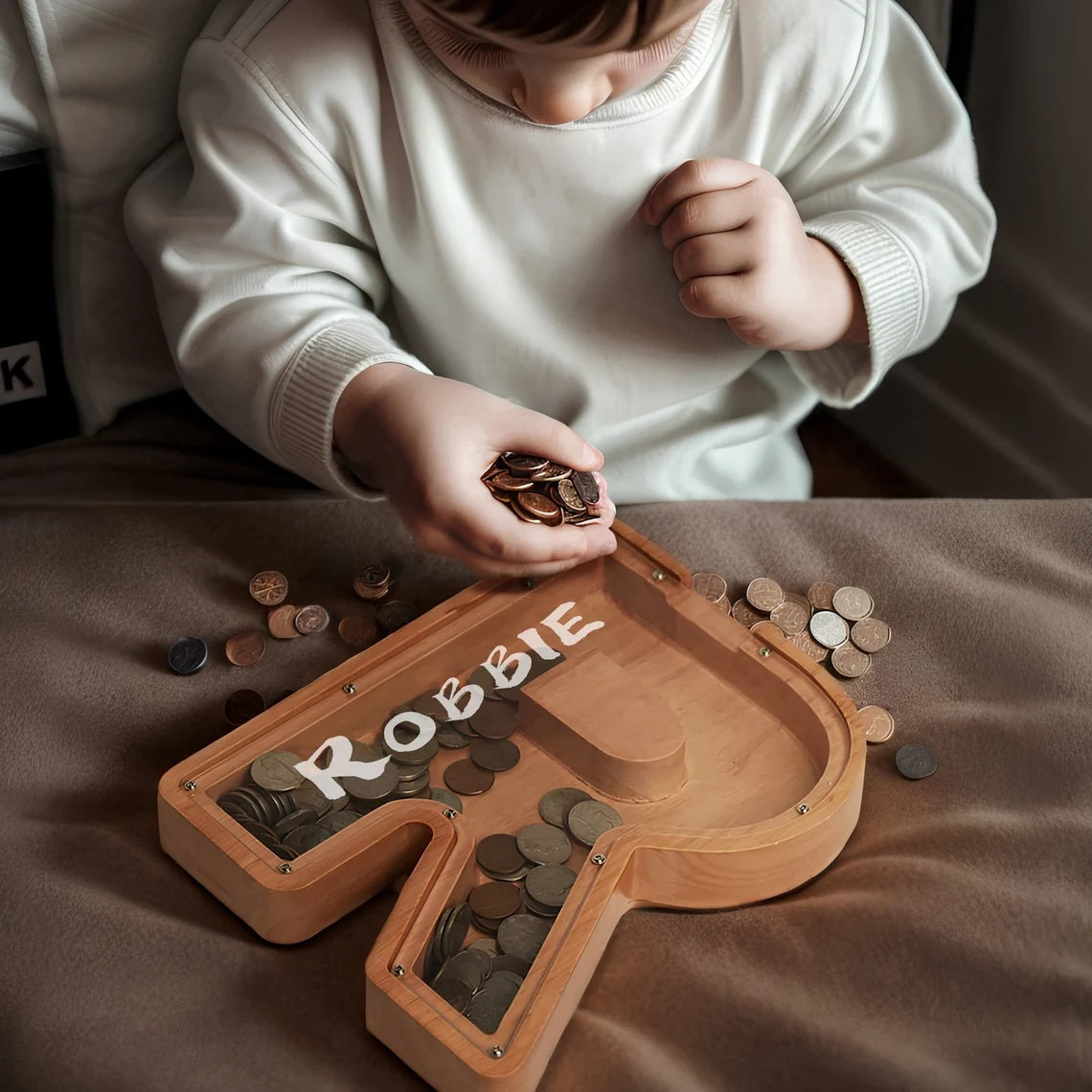 Wooden Alphabet Piggy Bank - Personalised A to Z Letter, Acrylic Front