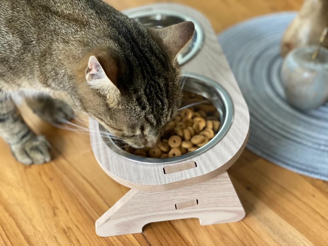 Wooden Cat Bowl Stand - Floor-Standing, 2 Removable Steel Bowls