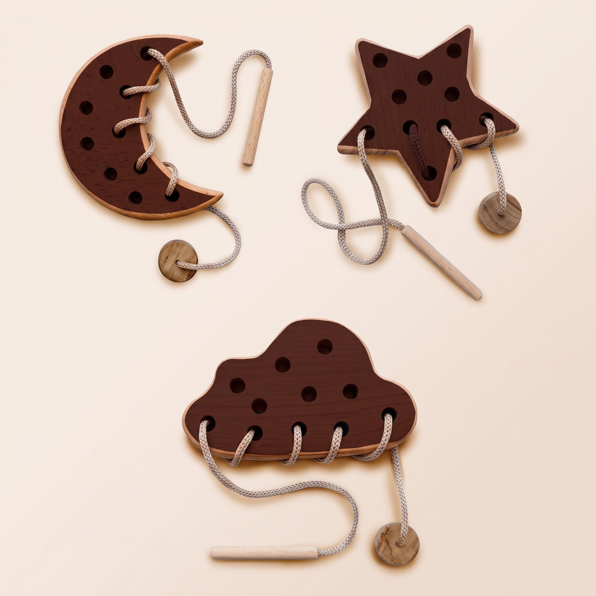 Montessori Wooden Lacing Toy - Cloud, Moon & Star Shapes for Fine Motor Skills