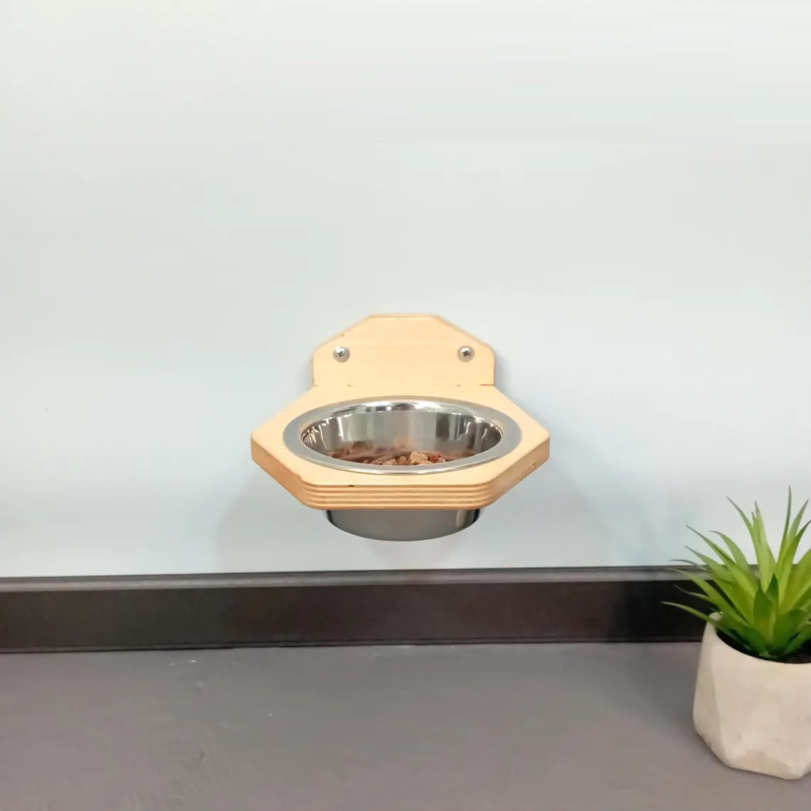 Wall-Mounted Wooden Pet Feeder with Stainless Steel Bowl