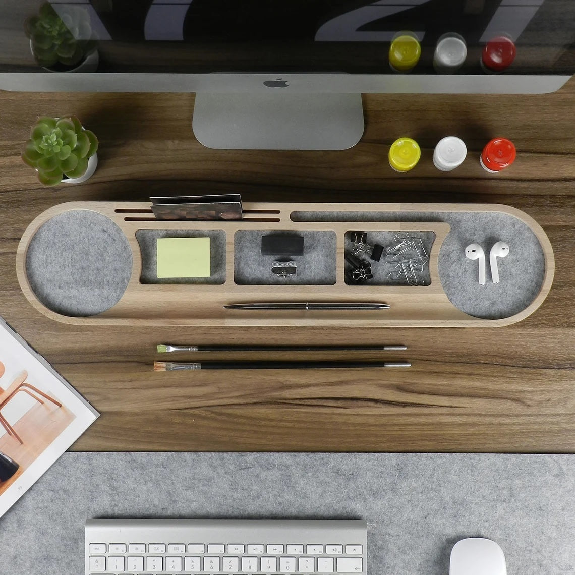 Wooden Desk Organiser Tray with Compartments - Design 5