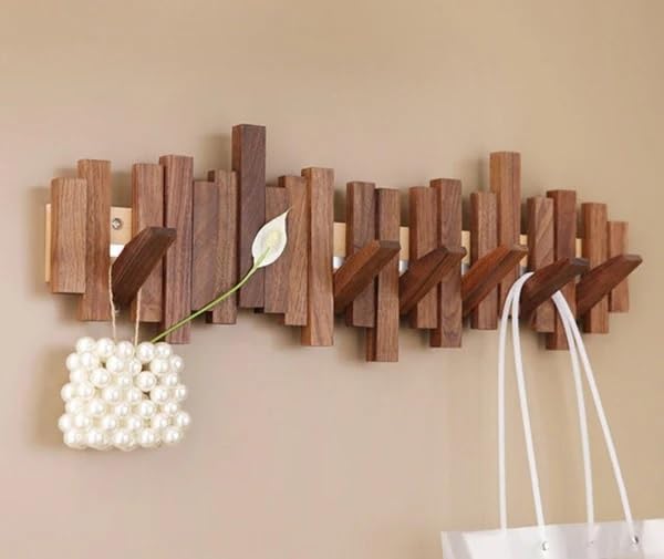Teak Wooden Wall Mounted Hook Rack Stylish Space-Saving