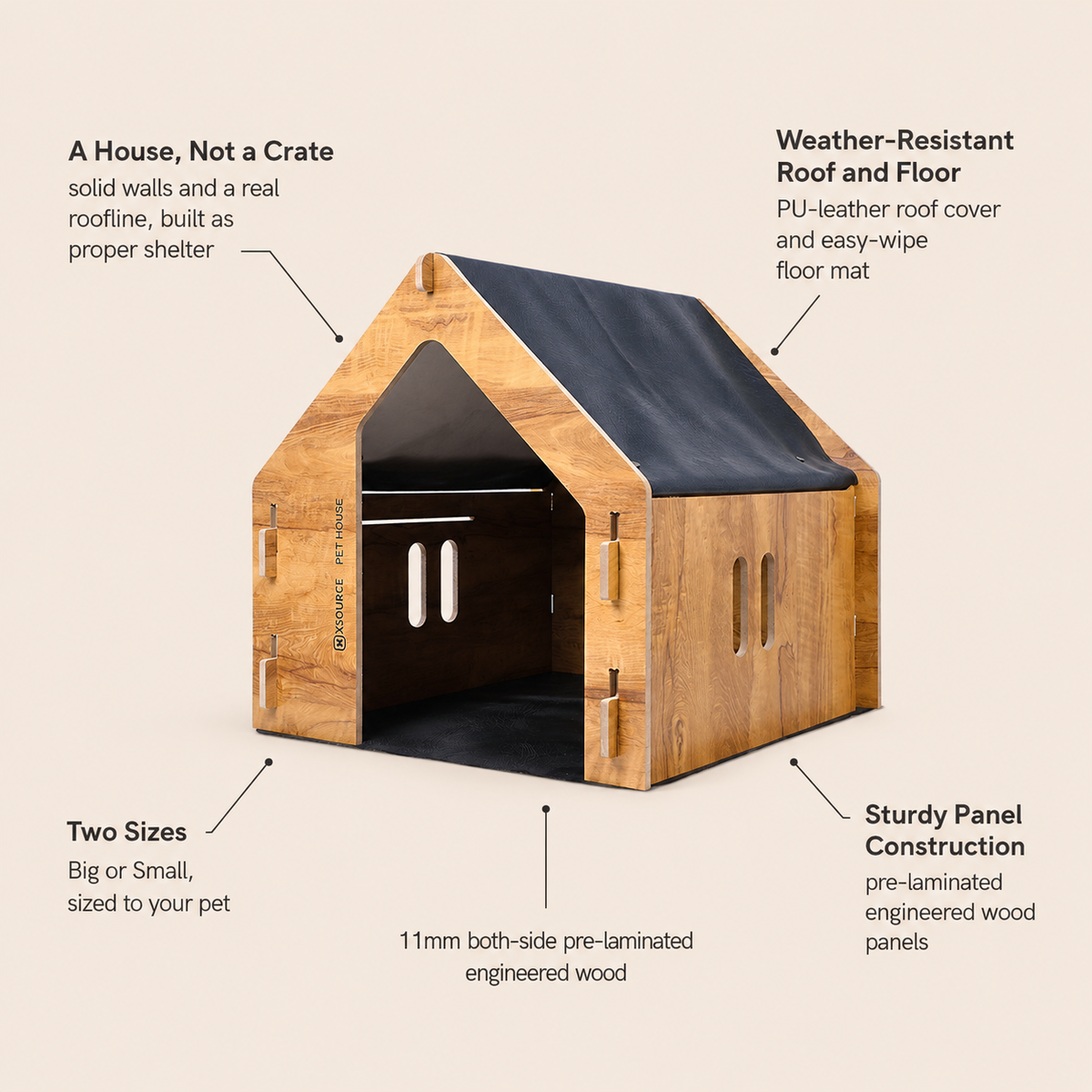 Wooden Pet House - Weather-Resistant Roof & Floor Mat, Big/Small