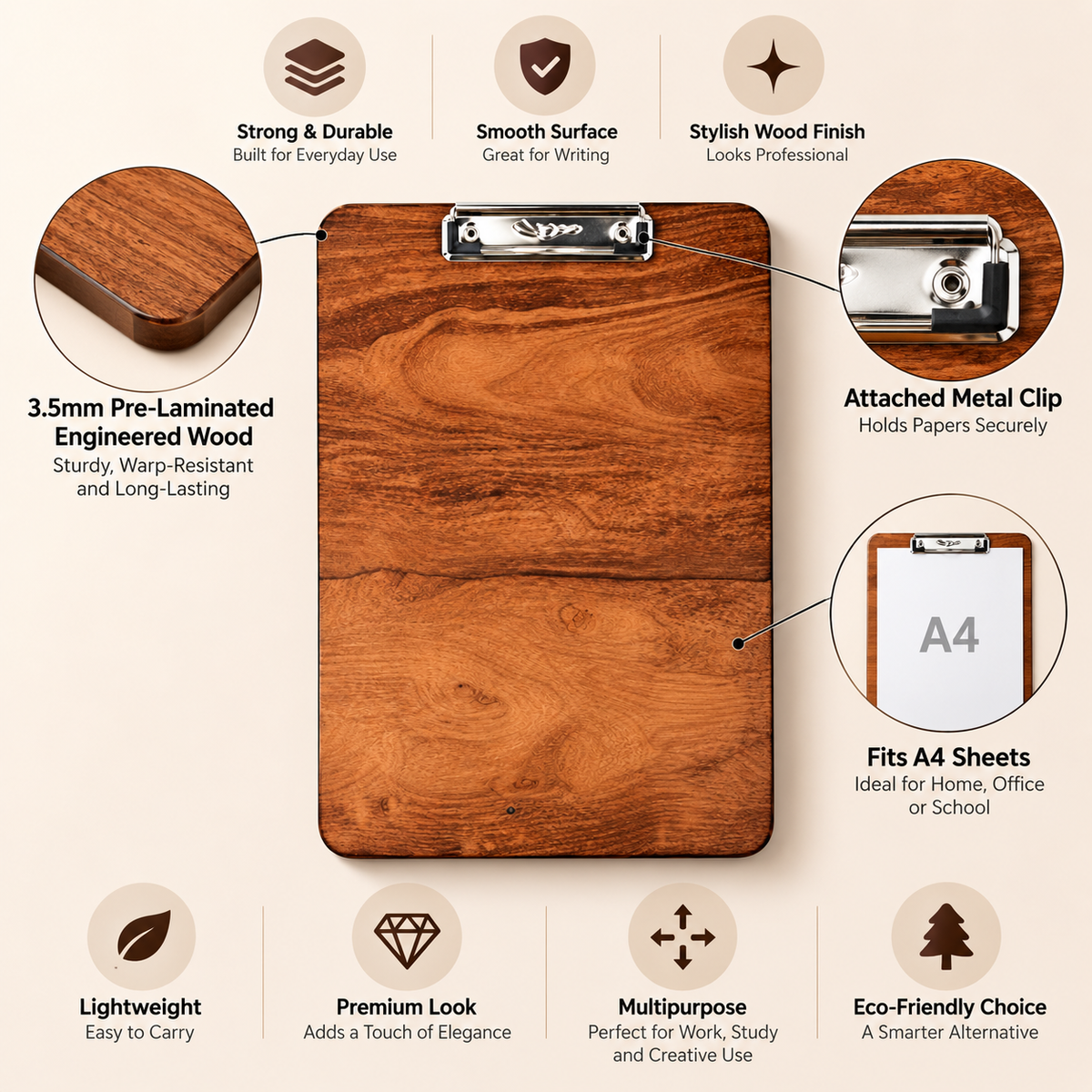 Wooden Clipboard with Metal Clip - 6 Premium Finishes (MOQ 2)