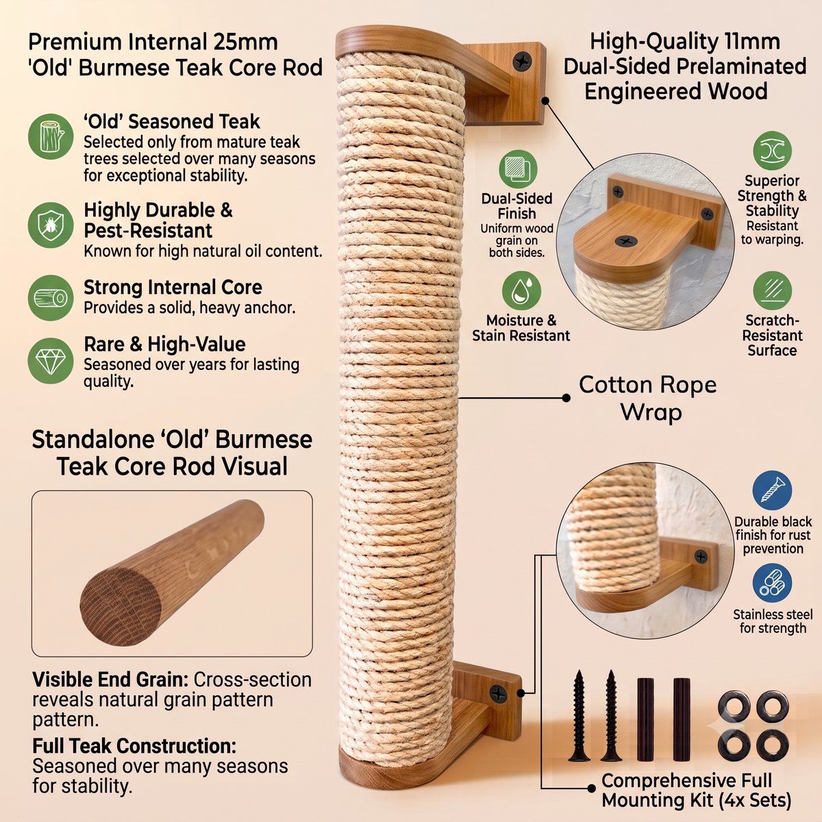 Wooden Cat Scratching Post - Wall-Mounted, Cotton Rope on Burmese Teak