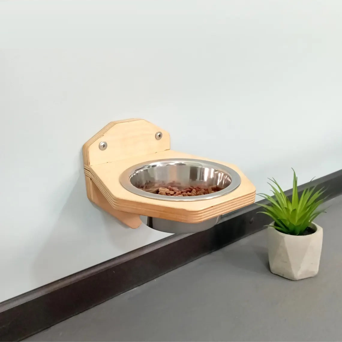 Wall-Mounted Wooden Pet Feeder with Stainless Steel Bowl