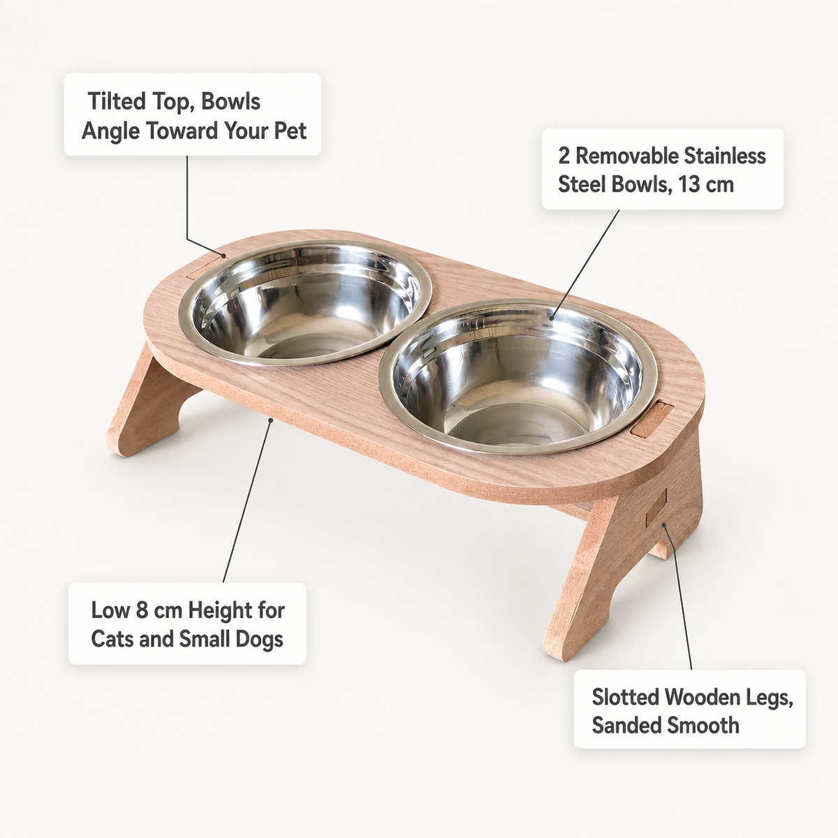 Wooden Cat Bowl Stand - Floor-Standing, 2 Removable Steel Bowls