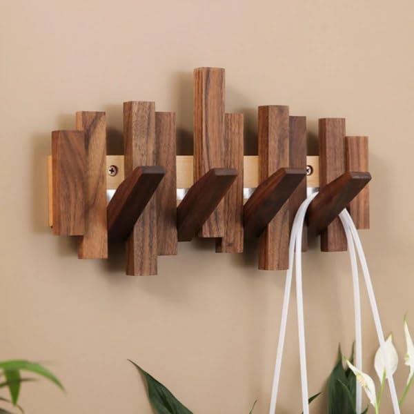 Teak Wooden Wall Mounted Hook Rack Stylish Space-Saving