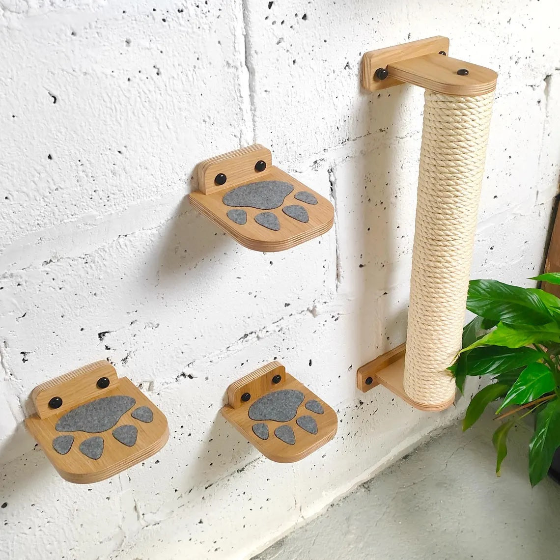 Luxury Wooden Cat Wall Furniture – Climbing, Scratching & Feeding Combo