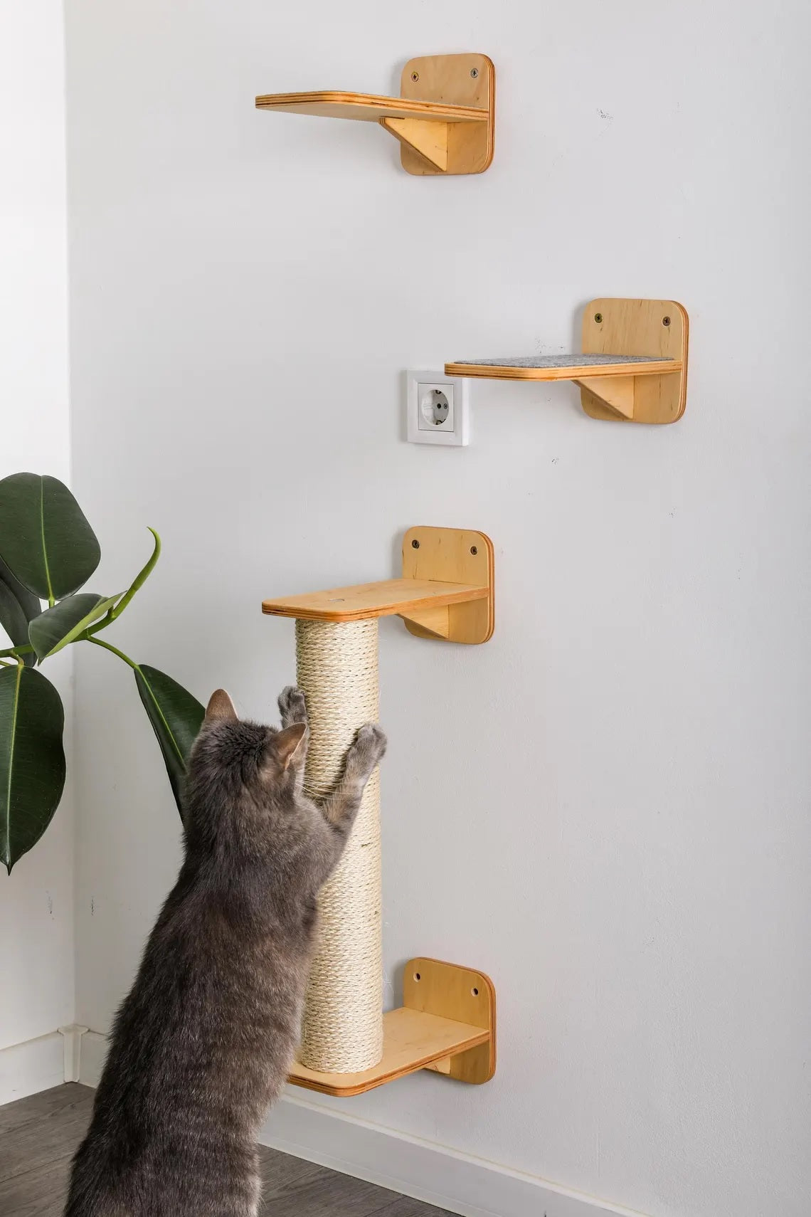 Wooden Corner Cat Bed with 4 Steps & Scratching Post - Wall-Mounted Set