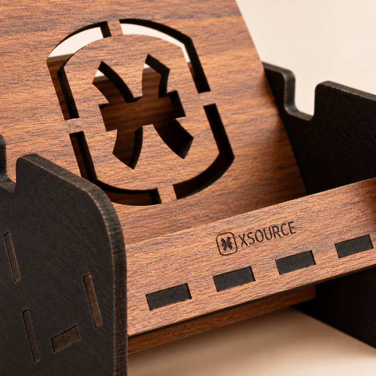 Square Wooden Mobile Phone Stand - Black, Compact Desk & Counter Stand