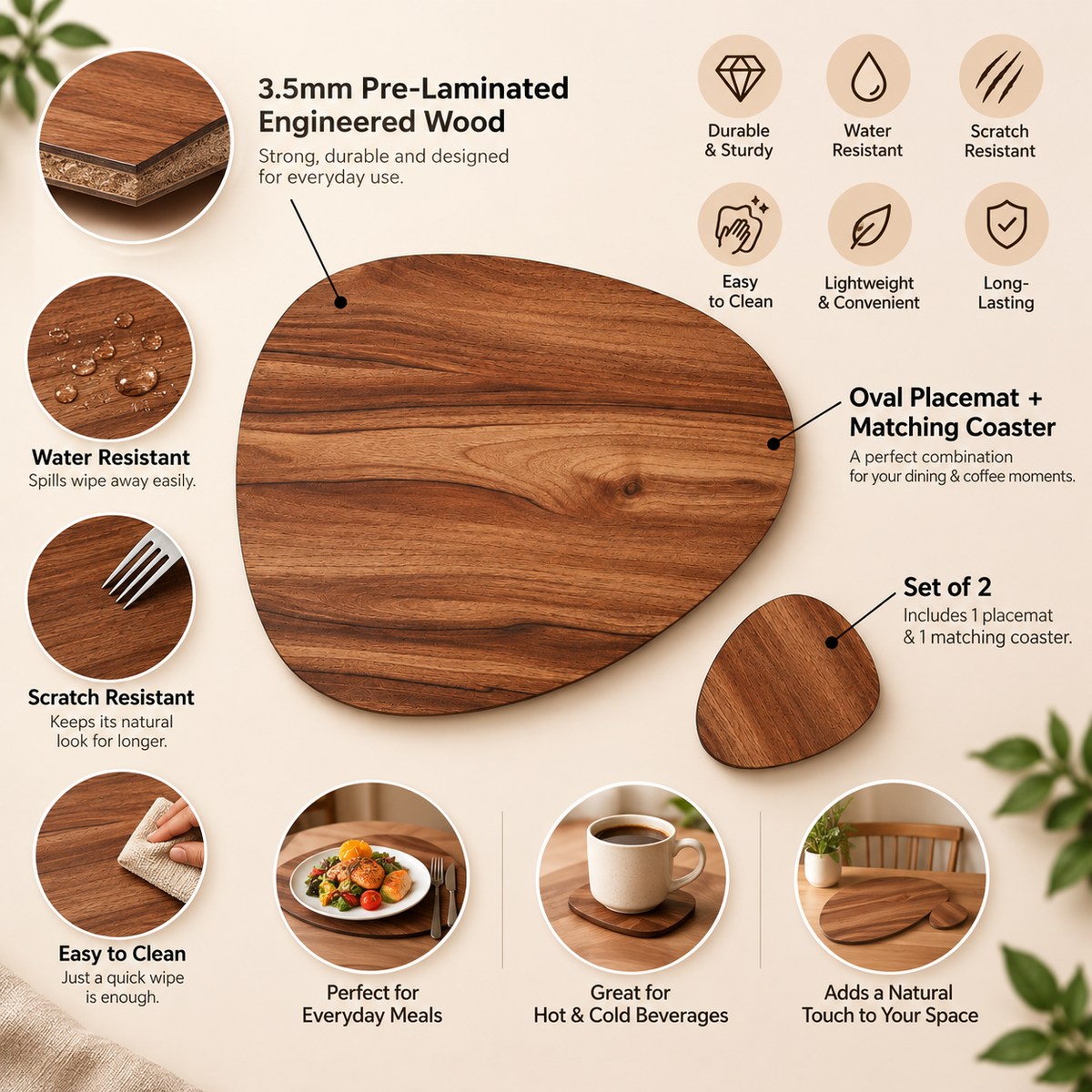 Wooden & Leather Placemat Set with Matching Tea Coasters Oval
