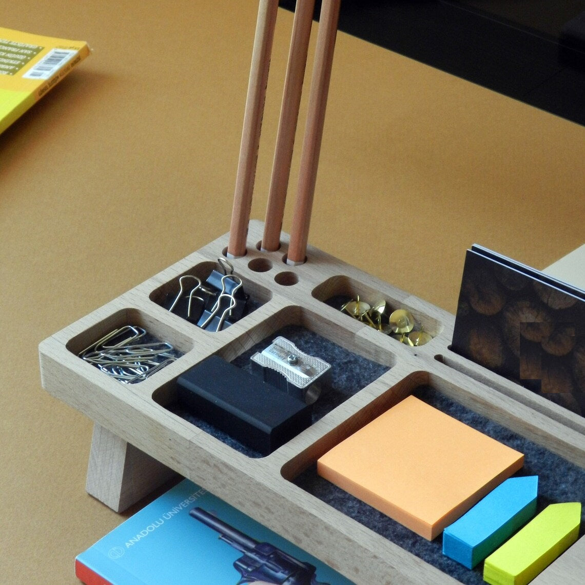 Wooden Desk Organiser Tray with Compartments - Design 1