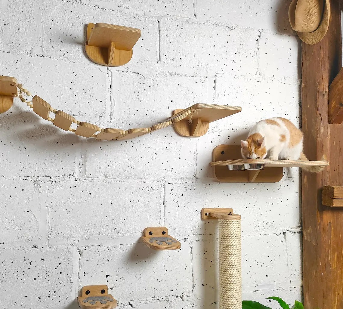 Luxury Wooden Cat Wall Furniture – Climbing, Scratching & Feeding Combo