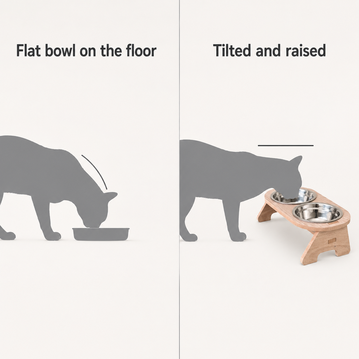 Wooden Cat Bowl Stand - Floor-Standing, 2 Removable Steel Bowls