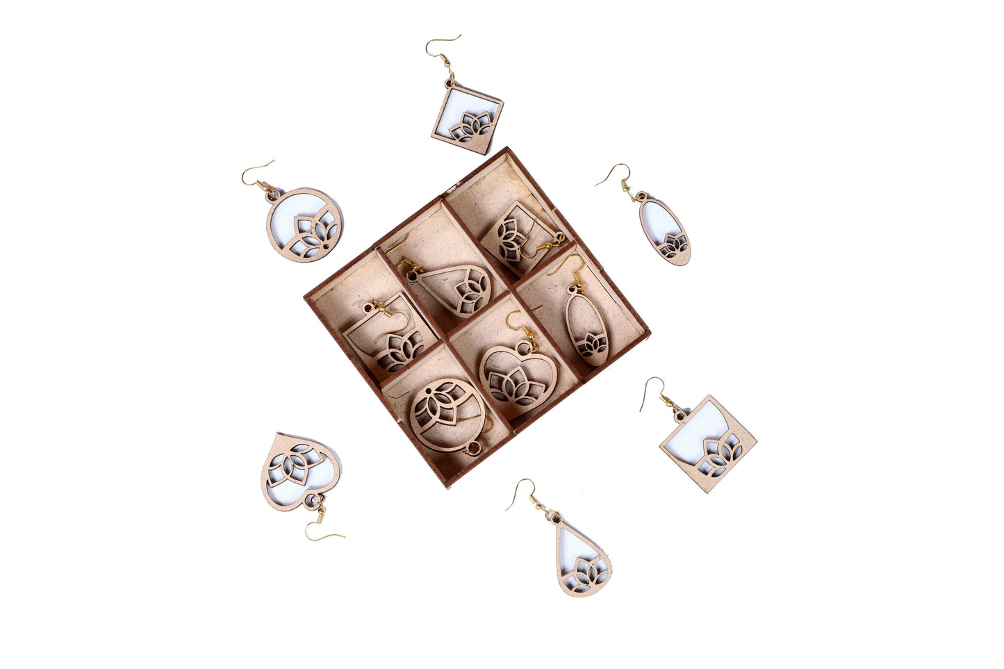 Wooden Heart Style Earrings with Jewelry Organizer Box Set of 6 Pairs for Women and Girls
