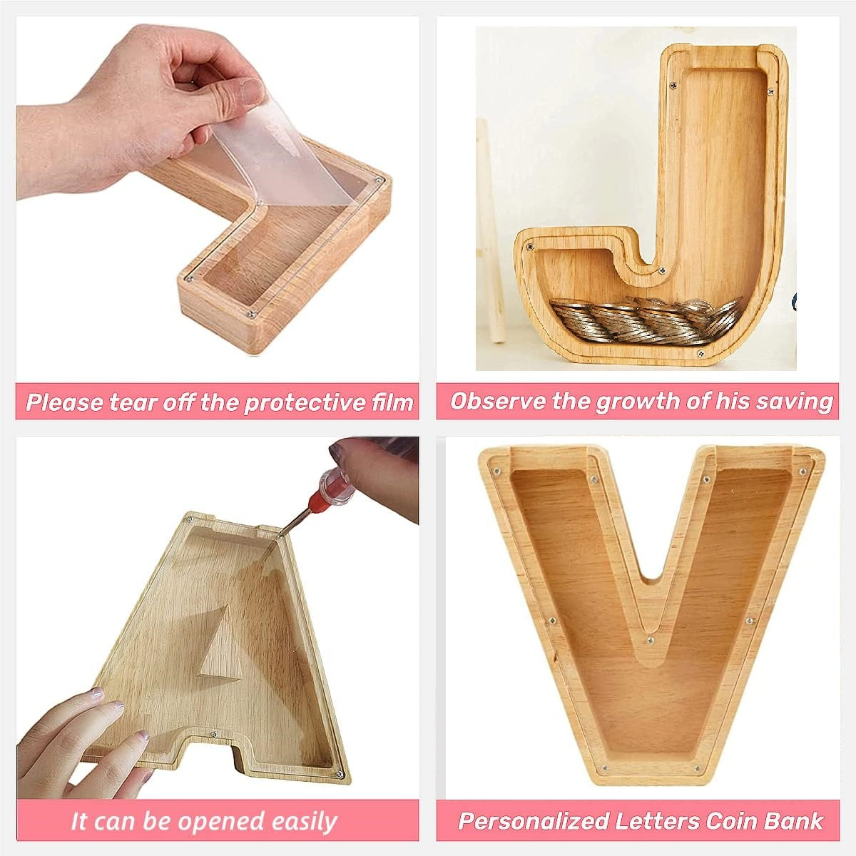 Wooden Alphabet Piggy Bank with Clear Acrylic Front A-Z Letters for Kids & Adults