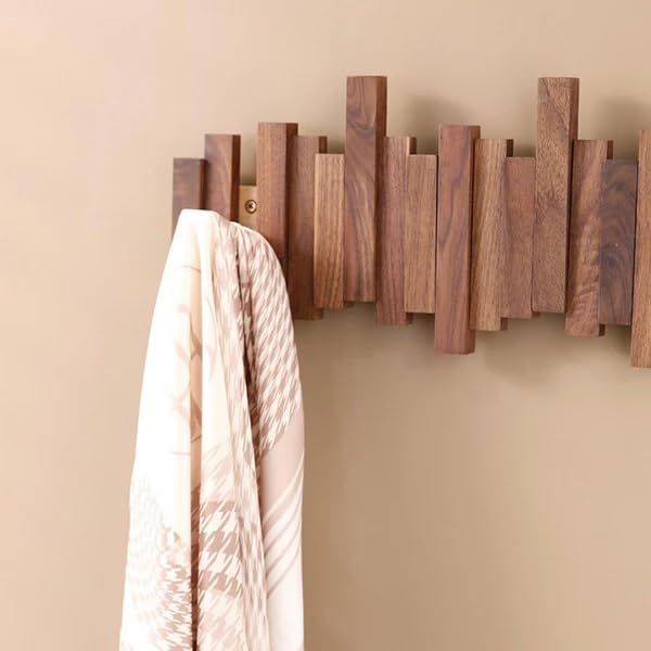 Teak Wooden Wall Mounted Hook Rack Stylish Space-Saving
