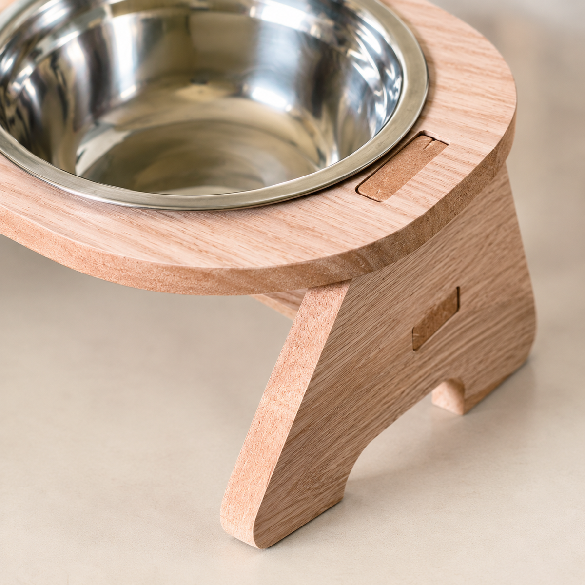 Wooden Cat Bowl Stand - Floor-Standing, 2 Removable Steel Bowls