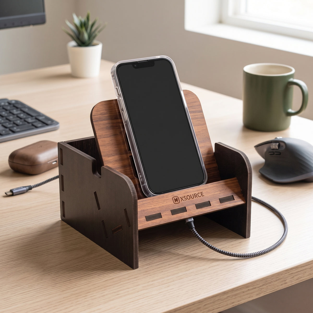Square Wooden Mobile Phone Stand - Black, Compact Desk & Counter Stand