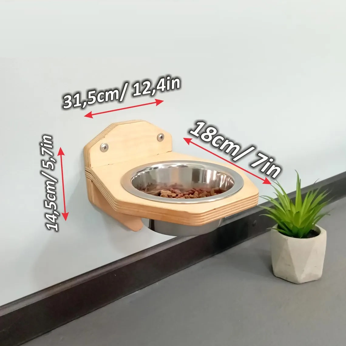 Wall-Mounted Wooden Pet Feeder with Stainless Steel Bowl