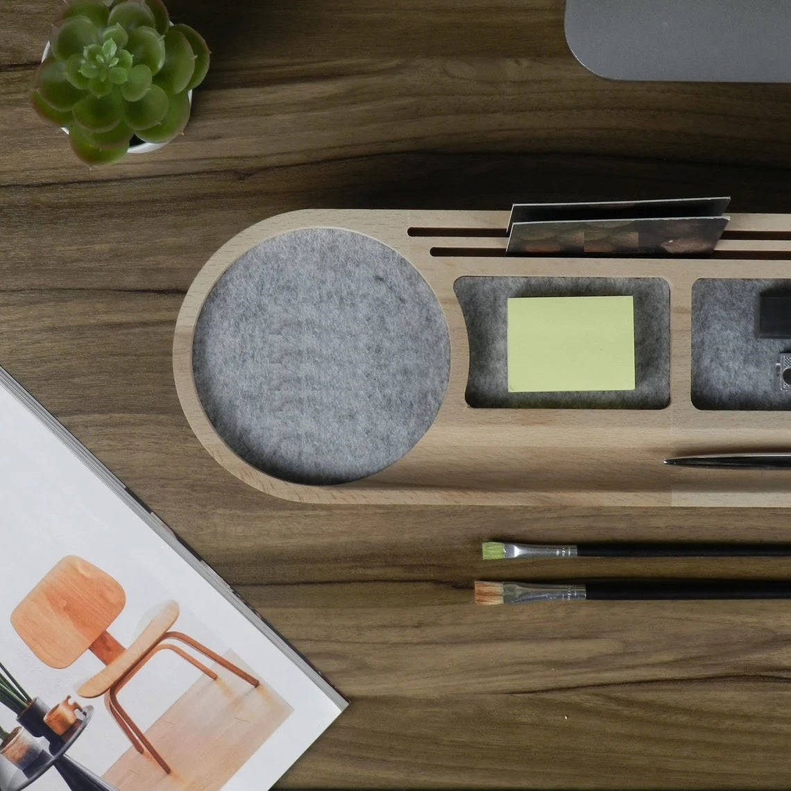 Wooden Desk Organiser Tray with Compartments - Design 5