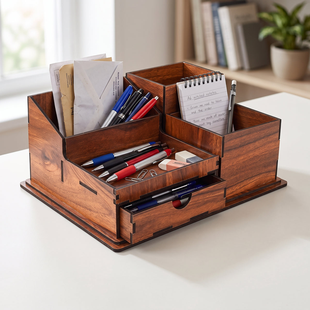 Wooden Desk Organizer - Pen & Mail Holder, Large/Small, Light Brown/Brown