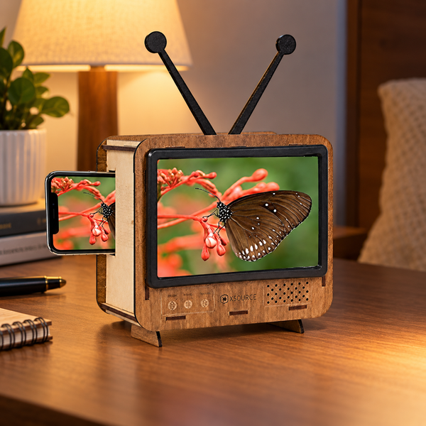 Retro TV-Shaped Wooden Phone Stand with Magnifying Screen - Hands-Free Mini Cinema