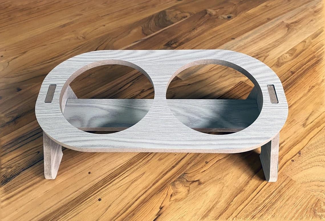 Wooden Cat Bowl Stand - Floor-Standing, 2 Removable Steel Bowls