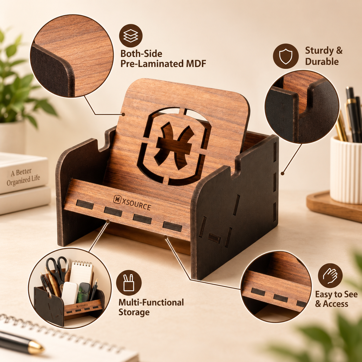 Square Wooden Mobile Phone Stand - Black, Compact Desk & Counter Stand