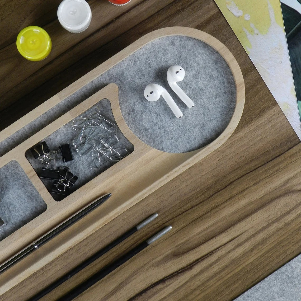 Wooden Desk Organiser Tray with Compartments - Design 5