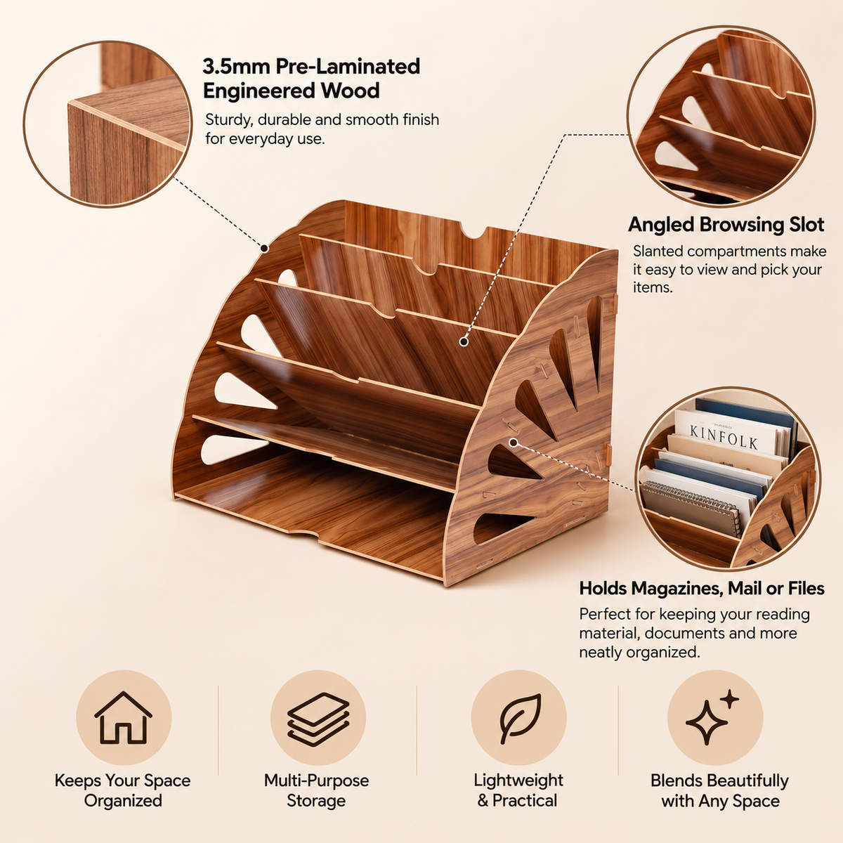 Wooden Magazine Holder - Angled Rack for Magazines, Mail & Files