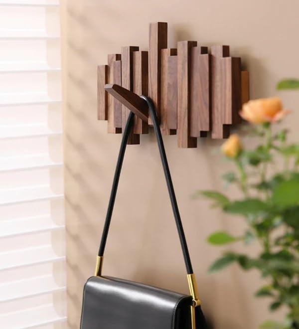Teak Wooden Wall Mounted Hook Rack Stylish Space-Saving