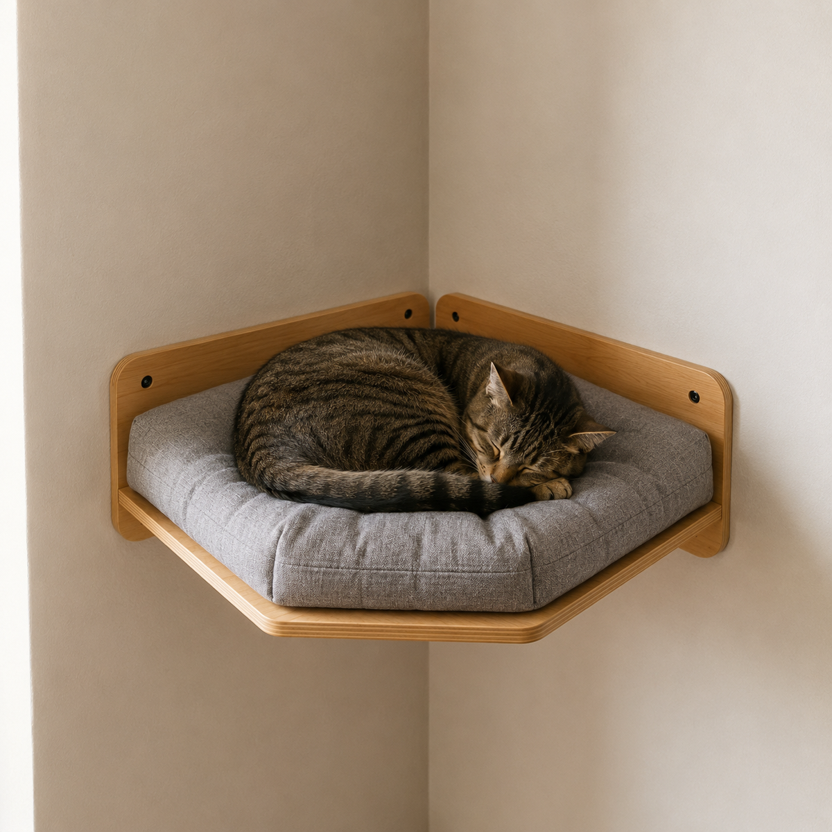 Wooden Corner Cat Bed with 4 Steps & Scratching Post - Wall-Mounted Set