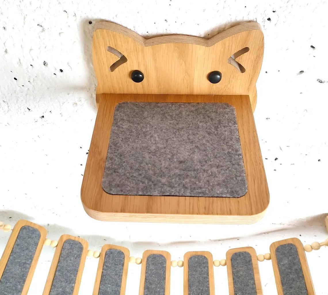 Luxury Wooden Cat Wall Furniture – Climbing, Scratching & Feeding Combo