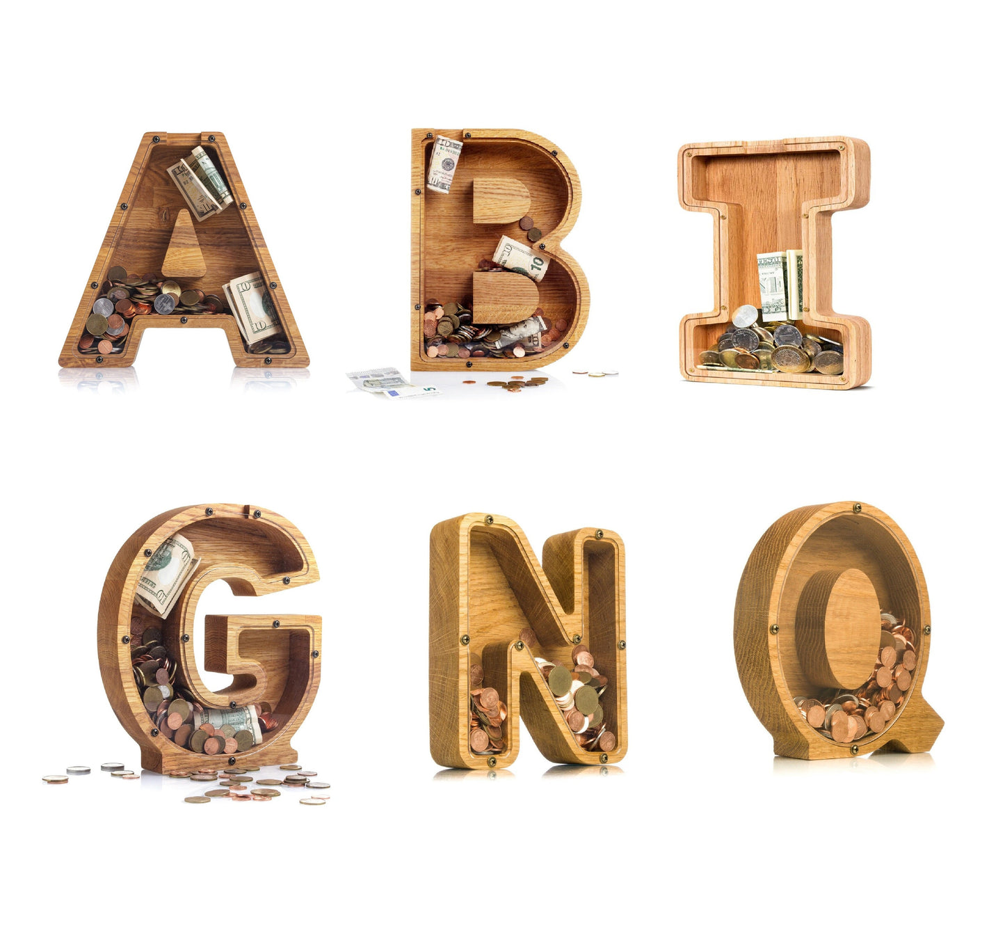 Wooden Alphabet Piggy Bank with Clear Acrylic Front A-Z Letters for Kids & Adults
