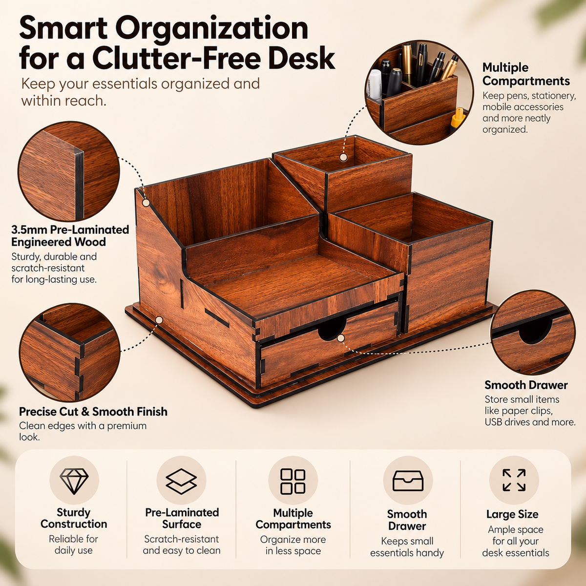 Wooden Desk Organizer - Pen & Mail Holder, Large/Small, Light Brown/Brown