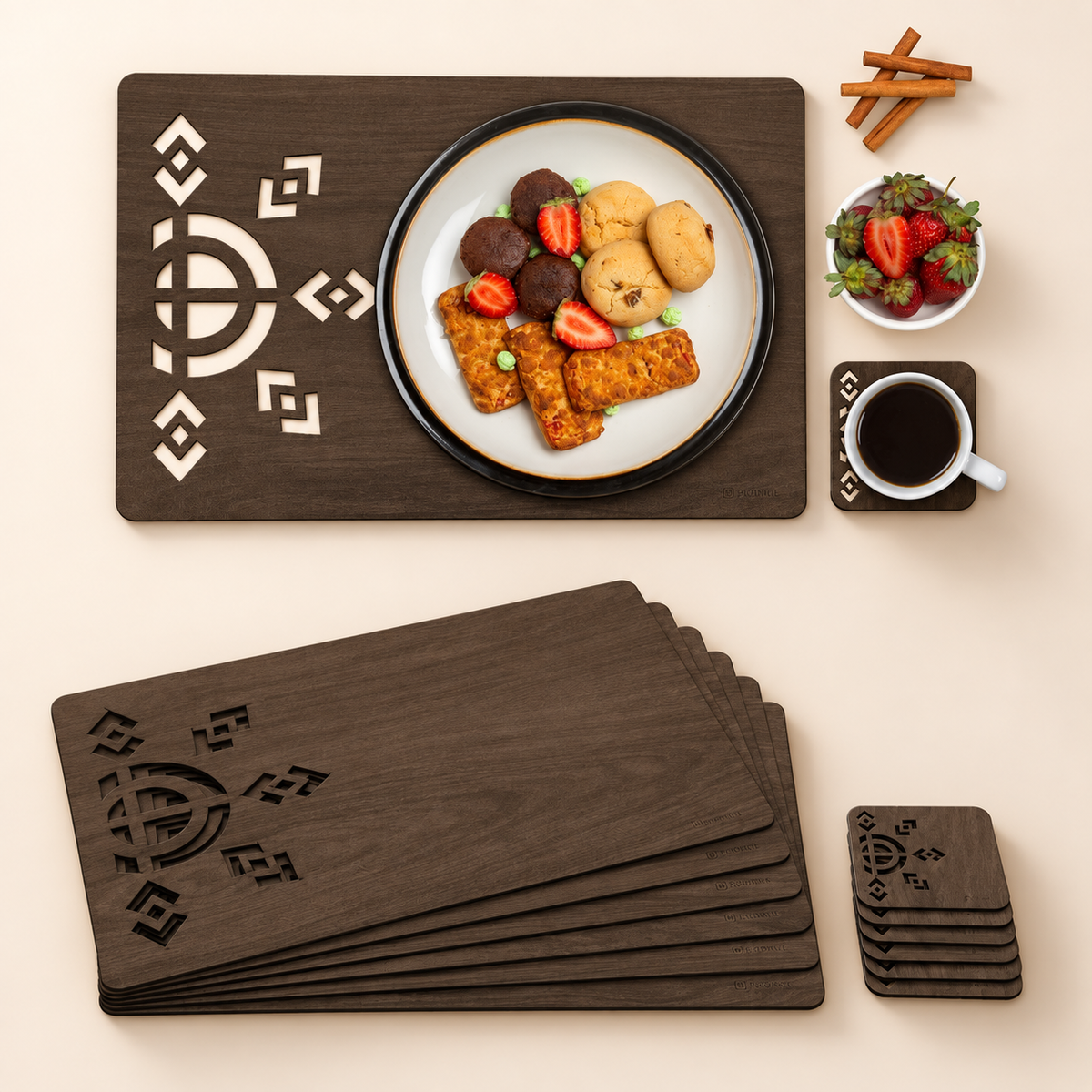 Wooden &amp; Leather Placemat Set with Matching Tea Coasters Rectangle