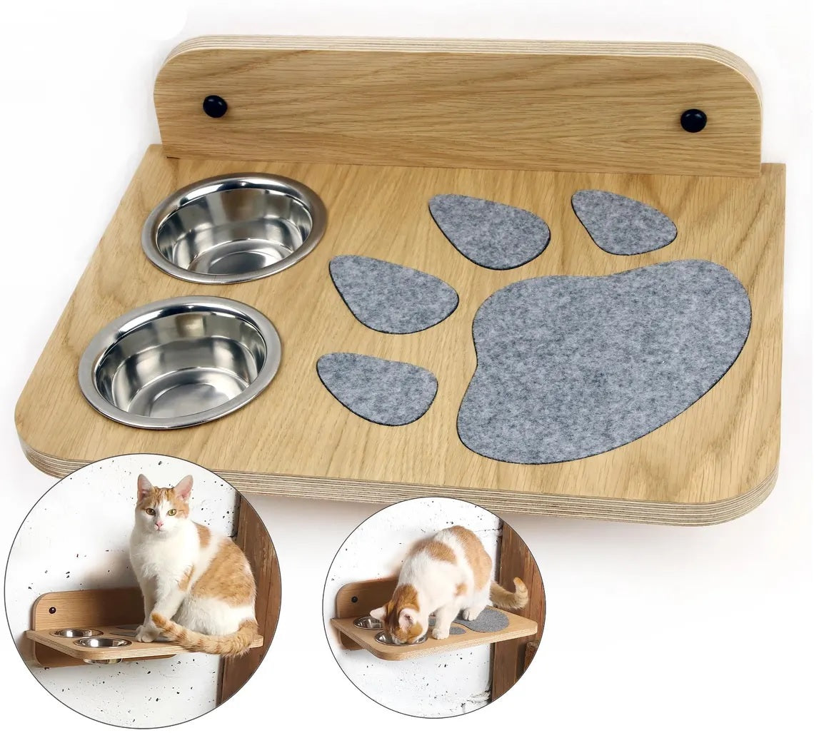 Luxury Wooden Cat Wall Furniture – Climbing, Scratching & Feeding Combo