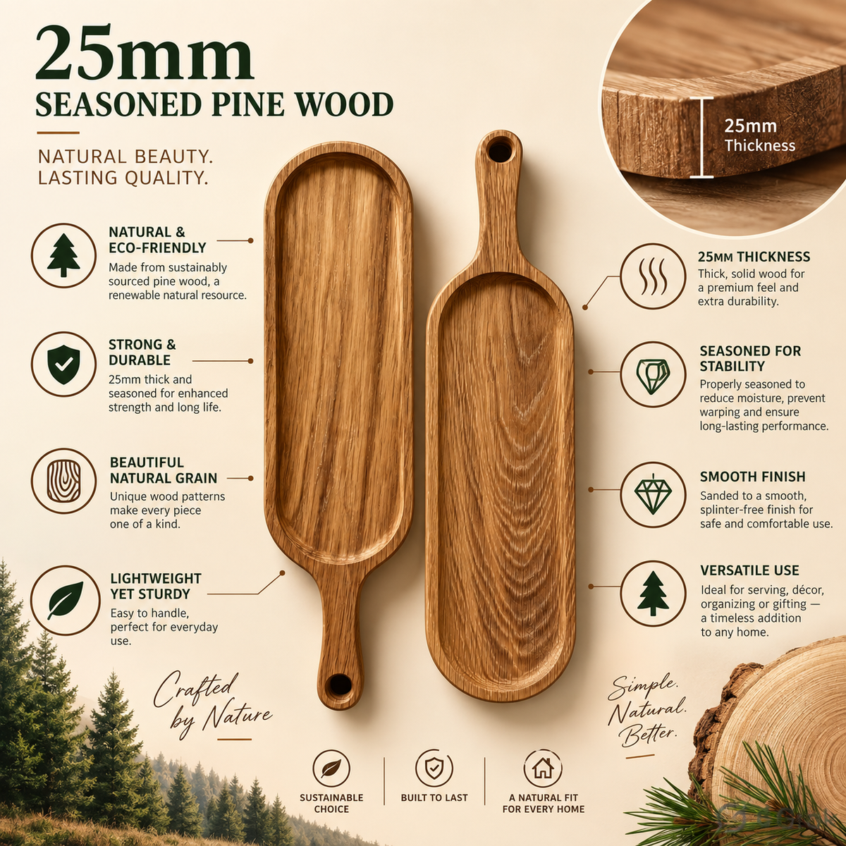 Wooden Serving Platter - Seasoned Pine, 3 Designs