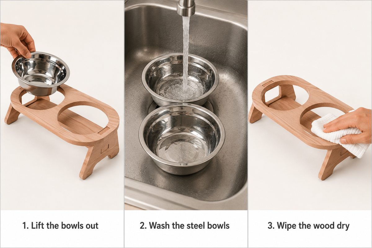 Wooden Cat Bowl Stand - Floor-Standing, 2 Removable Steel Bowls