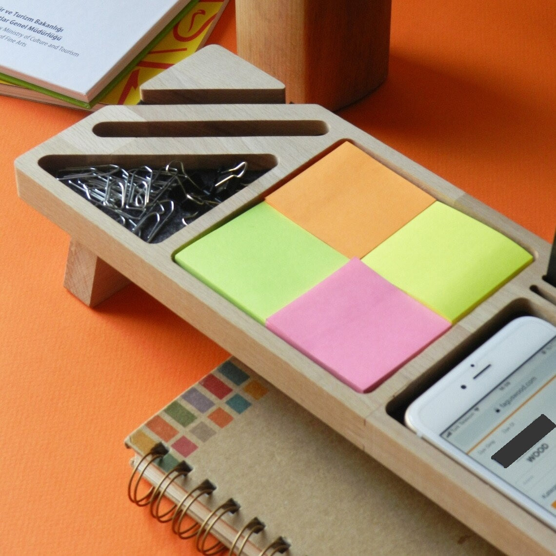 Wooden Desk Organiser Tray with Compartments - Design 2