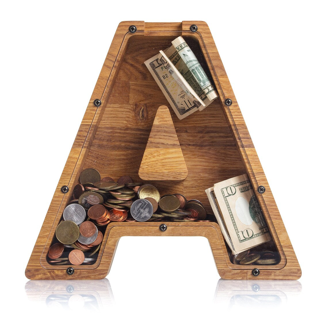 Wooden Alphabet Piggy Bank - Personalised A to Z Letter, Acrylic Front