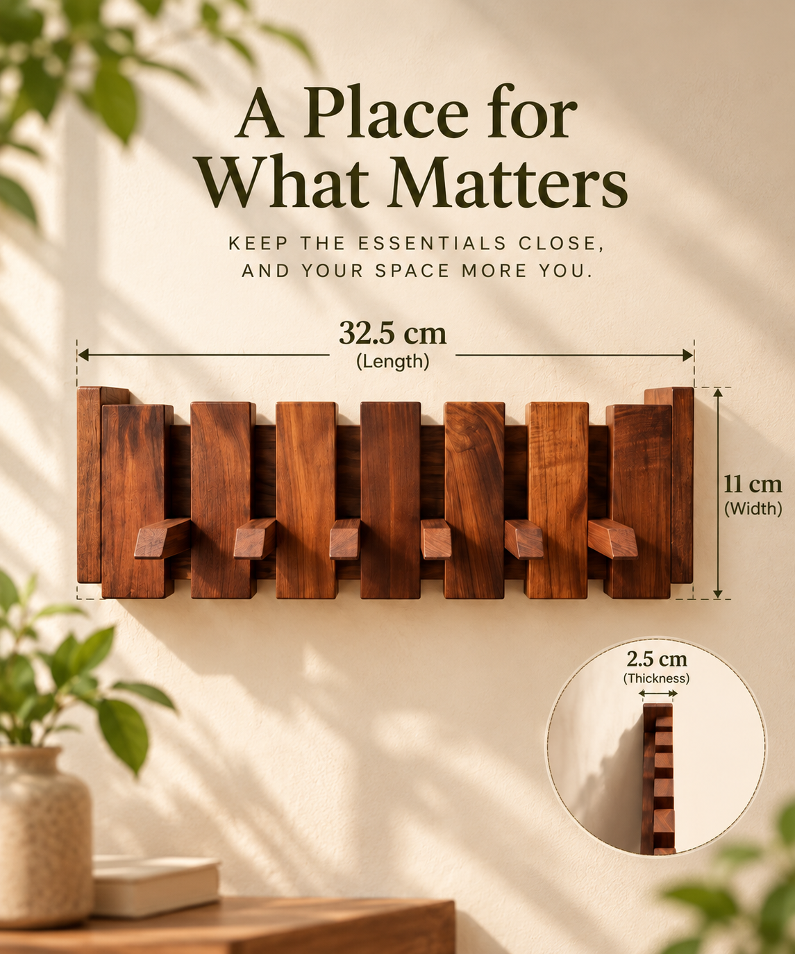 Classic Straight Wooden Wall Hanger - 6 Hooks, Old Burmese Teak