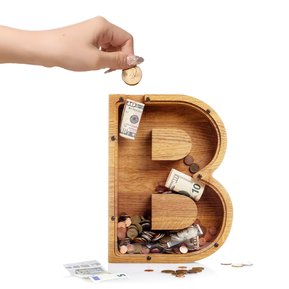 Wooden Alphabet Piggy Bank - Personalised A to Z Letter, Acrylic Front